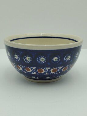 Polish Pottery Brown Circles Soup Bowl Green Dots Cereal Bowl